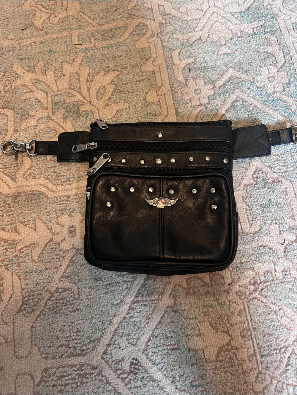 Black Studded Leather Convertible Hip Bag with Nylon Strap
